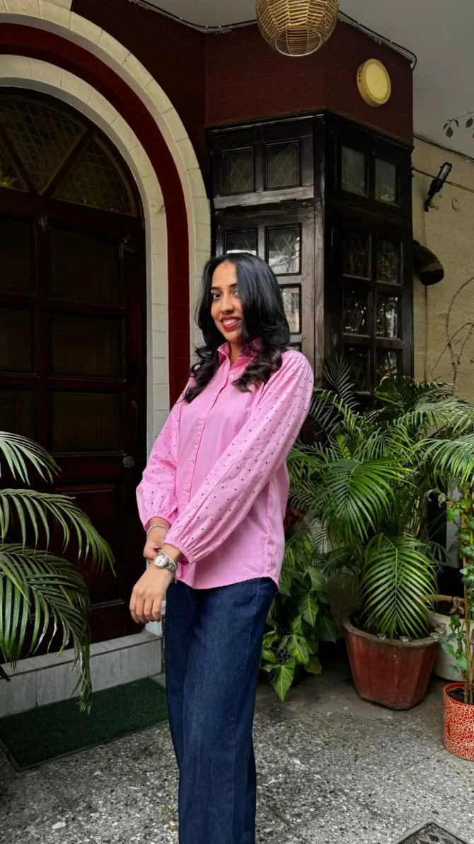Schiffli Sleeves Shirt (Premium Fabric) - Pink