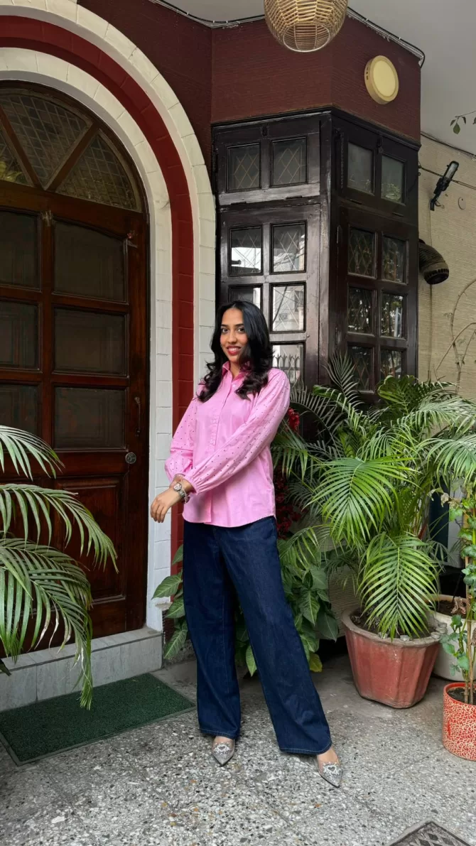 Schiffli Sleeves Shirt (Premium Fabric) - Pink