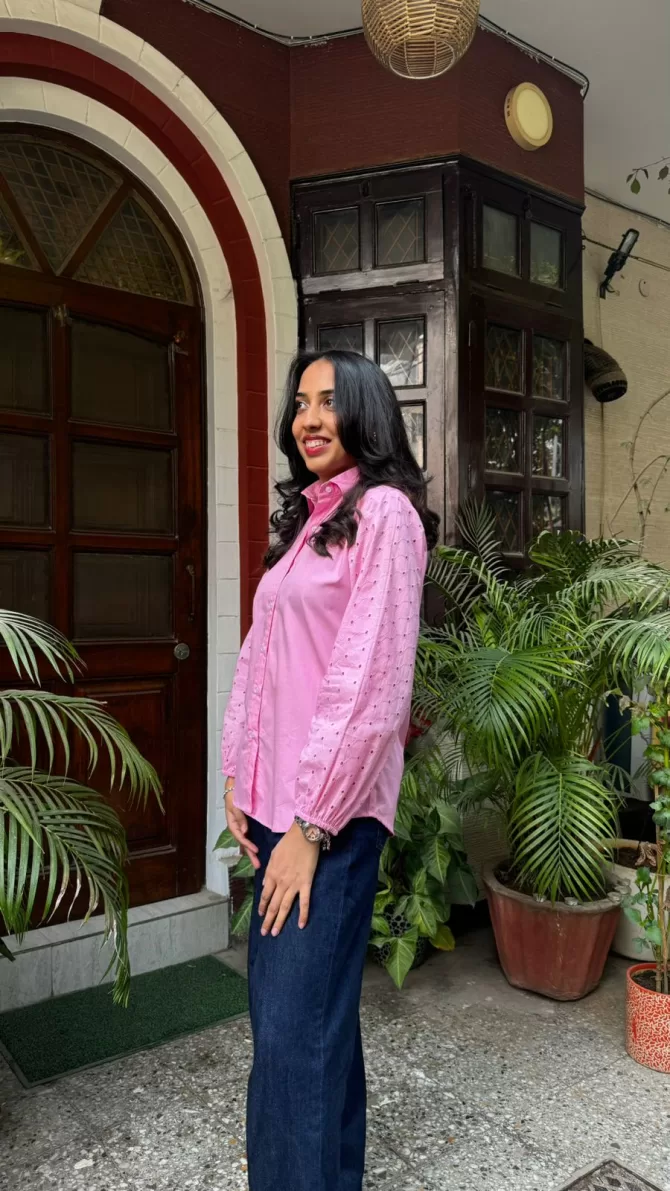 Schiffli Sleeves Shirt (Premium Fabric) - Pink