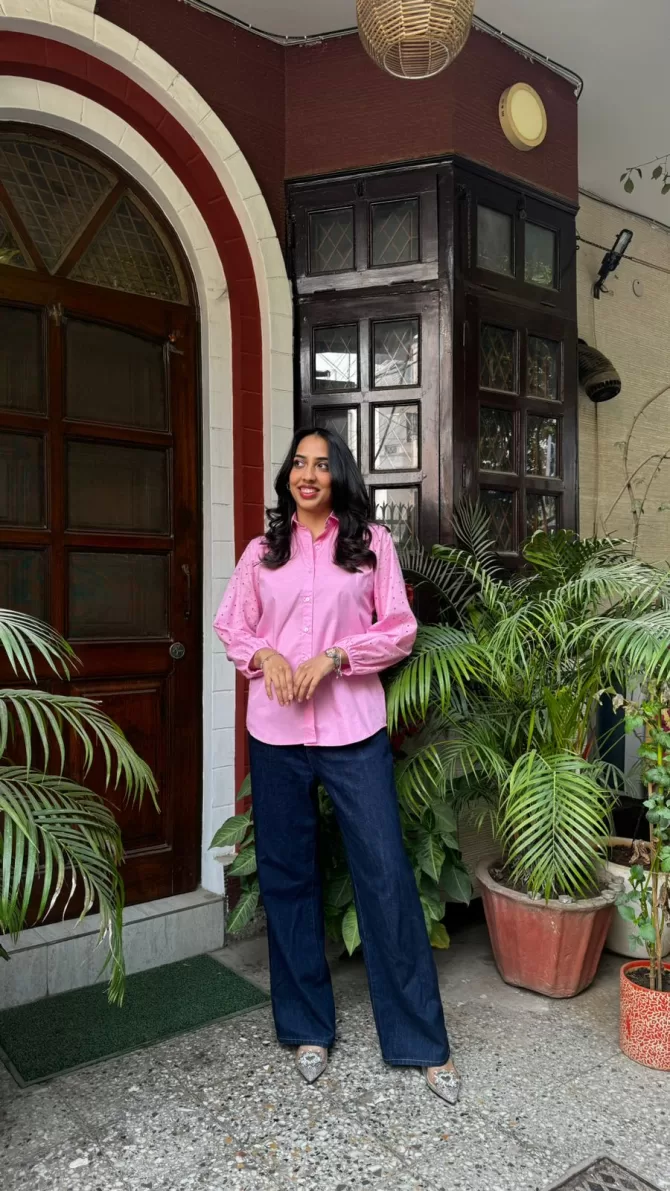 Schiffli Sleeves Shirt (Premium Fabric) - Pink