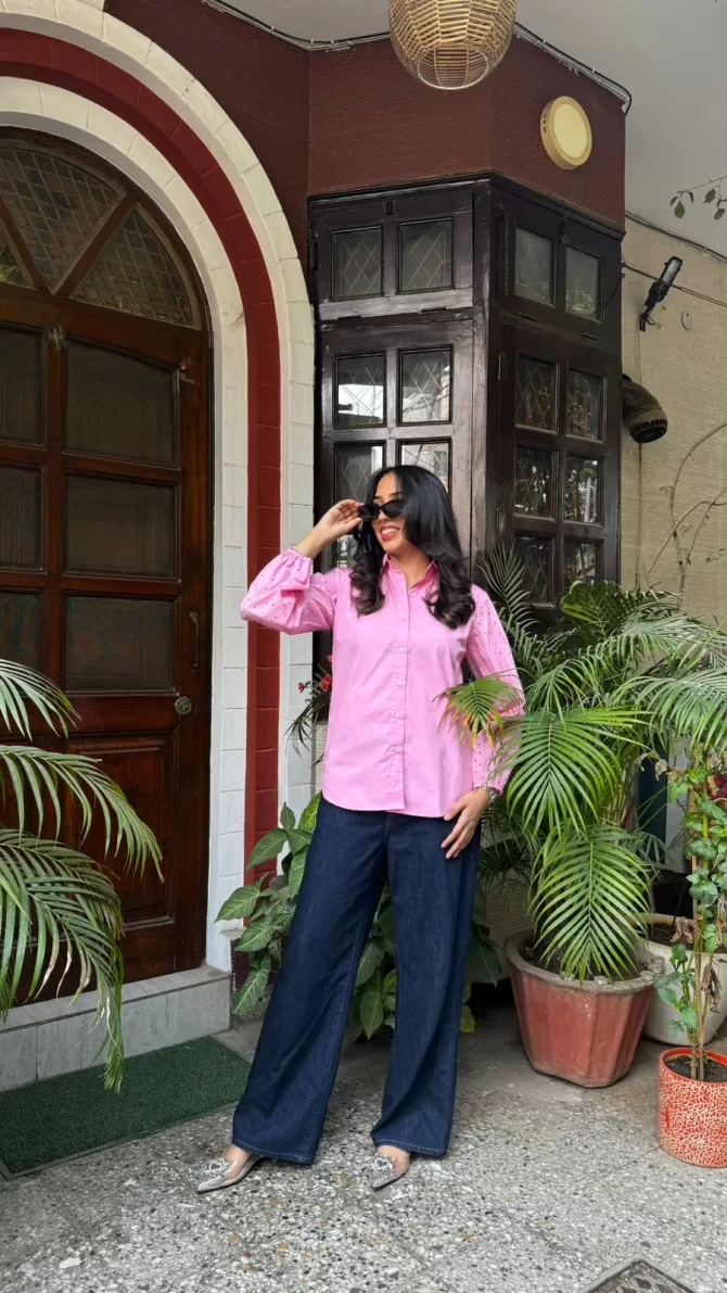 Schiffli Sleeves Shirt (Premium Fabric) - Pink