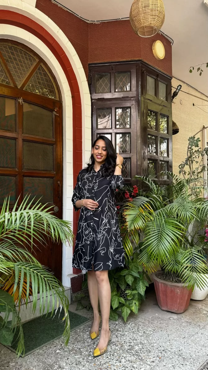 Abstract Printed Cotton Dress - Black