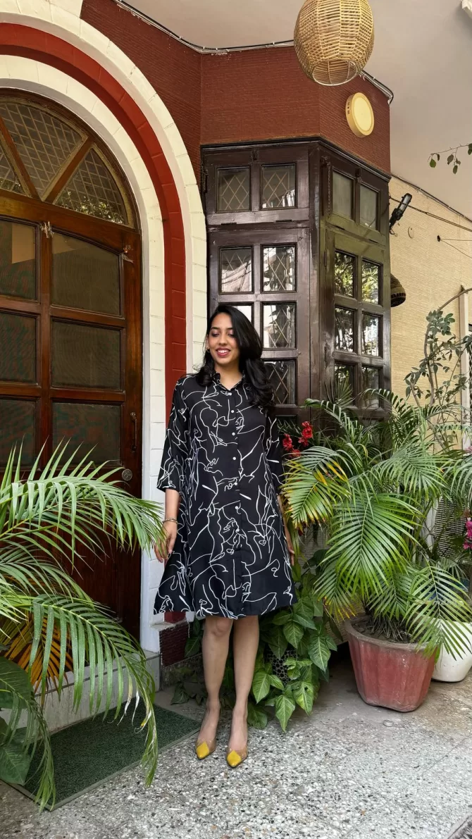 Abstract Printed Cotton Dress - Black