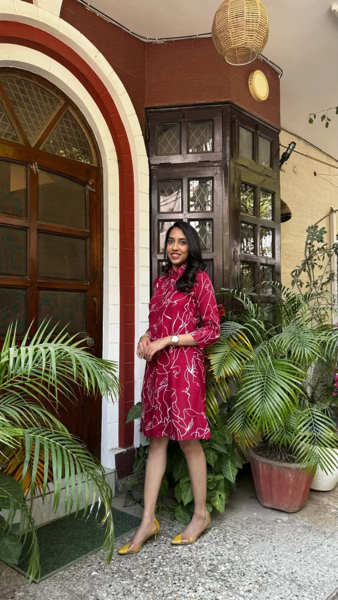 Abstract Printed Cotton Dress - Maroon