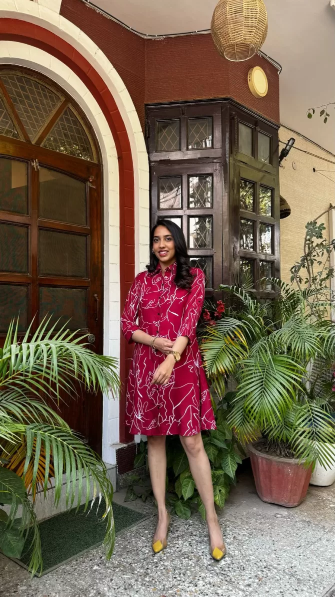 Abstract Printed Cotton Dress - Maroon