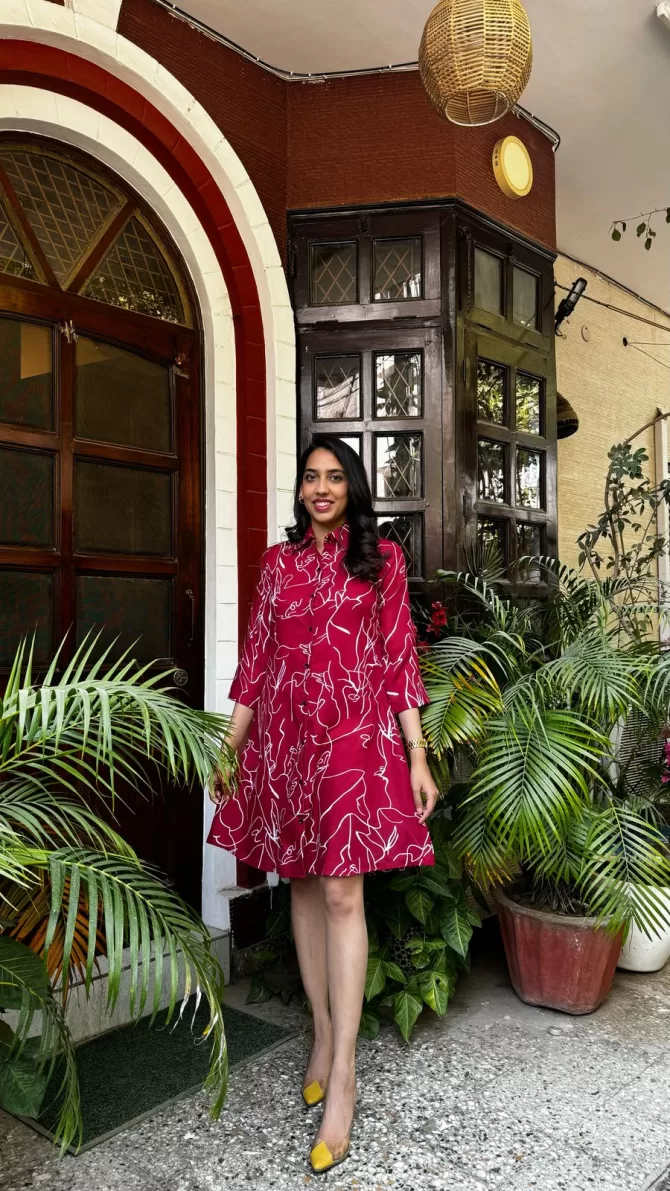 Abstract Printed Cotton Dress - Maroon