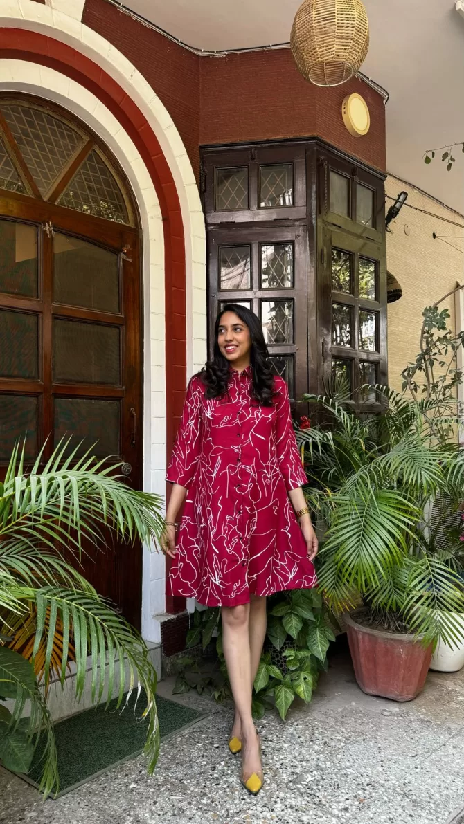 Abstract Printed Cotton Dress - Maroon