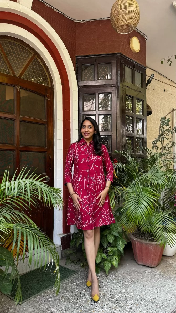 Abstract Printed Cotton Dress - Maroon