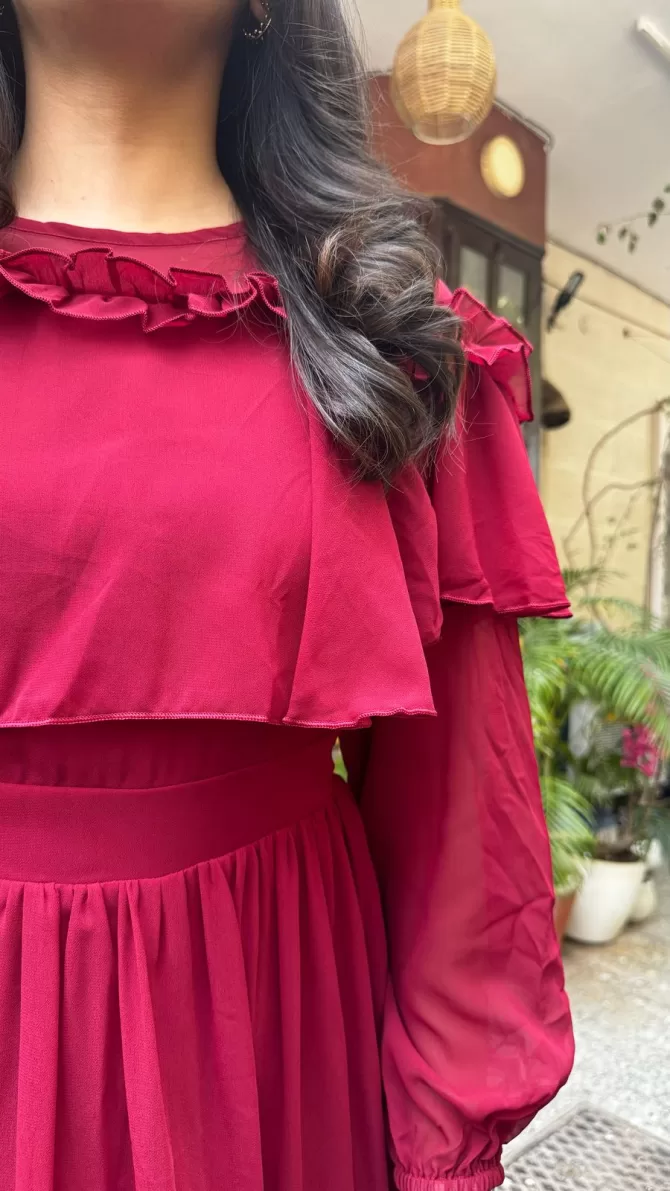 Maroon Frill Georgette Dress