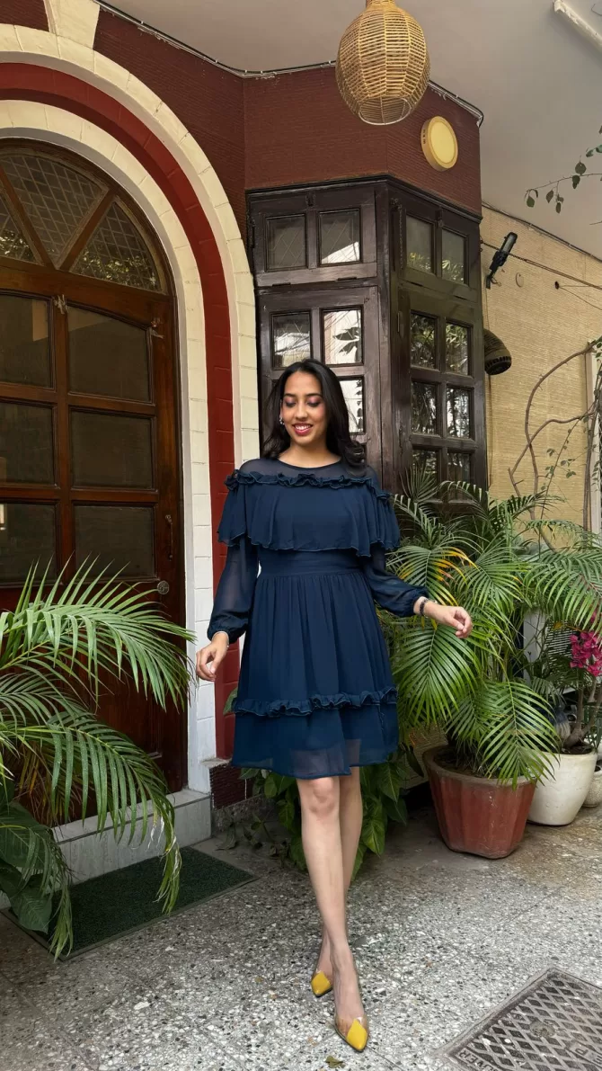 Navy Blue Frill Georgette Dress