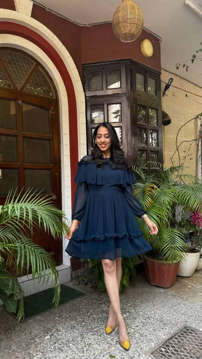 Navy Blue Frill Georgette Dress