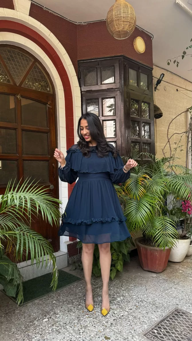 Navy Blue Frill Georgette Dress