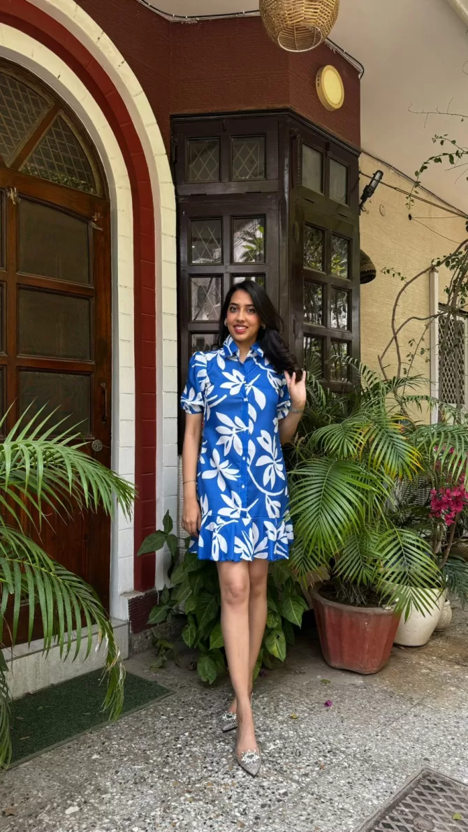 Island Floral Cotton Dress - Blue