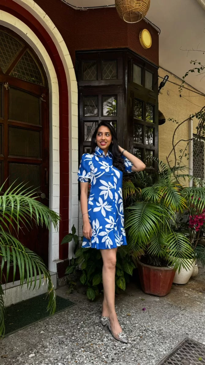 Island Floral Cotton Dress - Blue