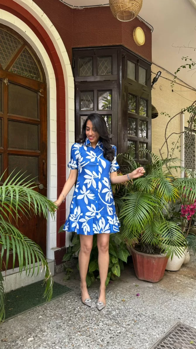 Island Floral Cotton Dress - Blue