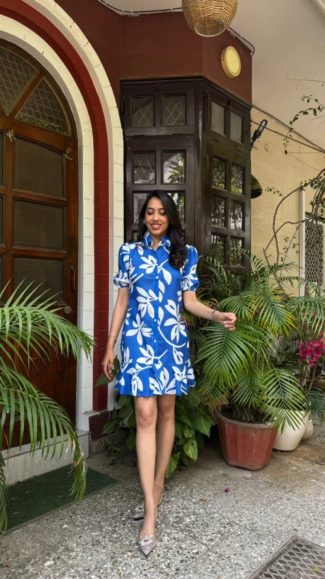 Island Floral Cotton Dress - Blue