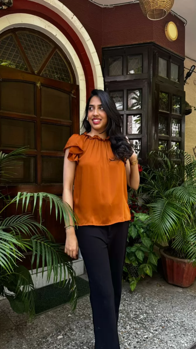 Ruffle Satin Top - Brown