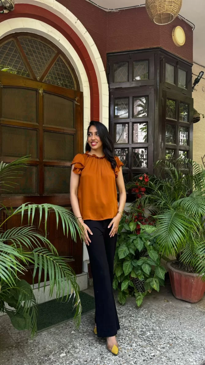 Ruffle Satin Top - Brown