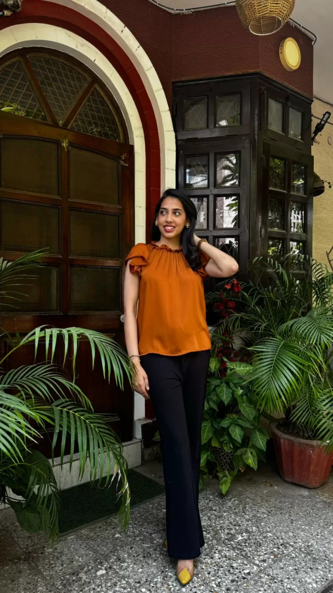 Ruffle Satin Top - Brown