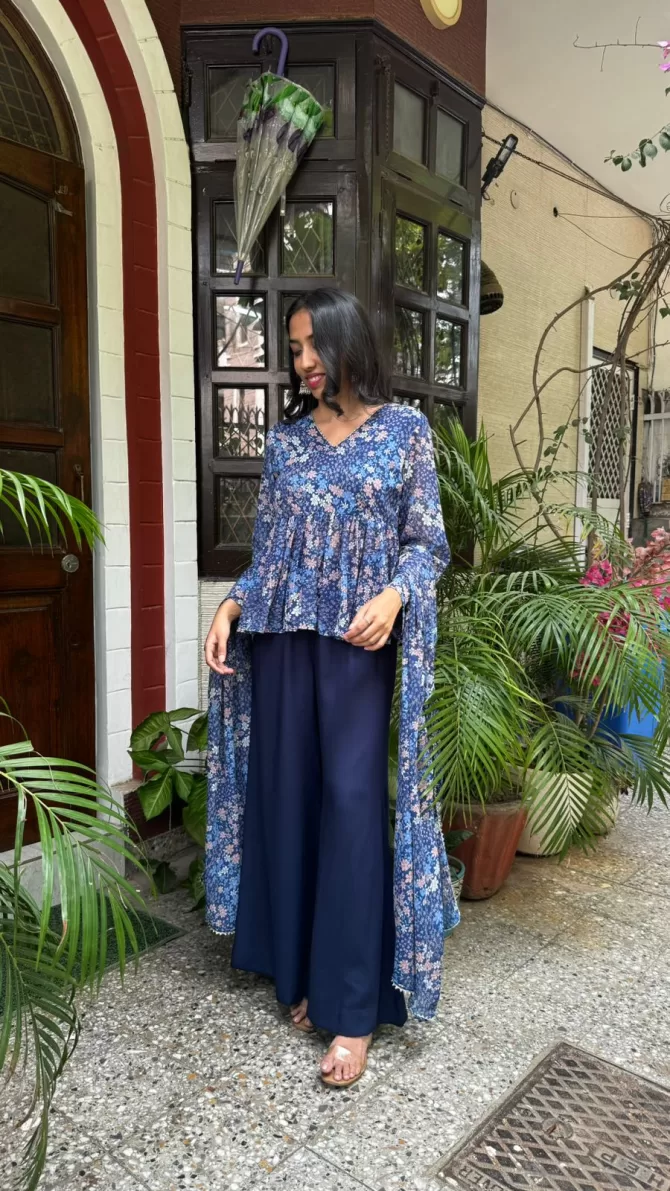 Bagh Peplum Dupatta Set (Super Premium Collection) - Blue