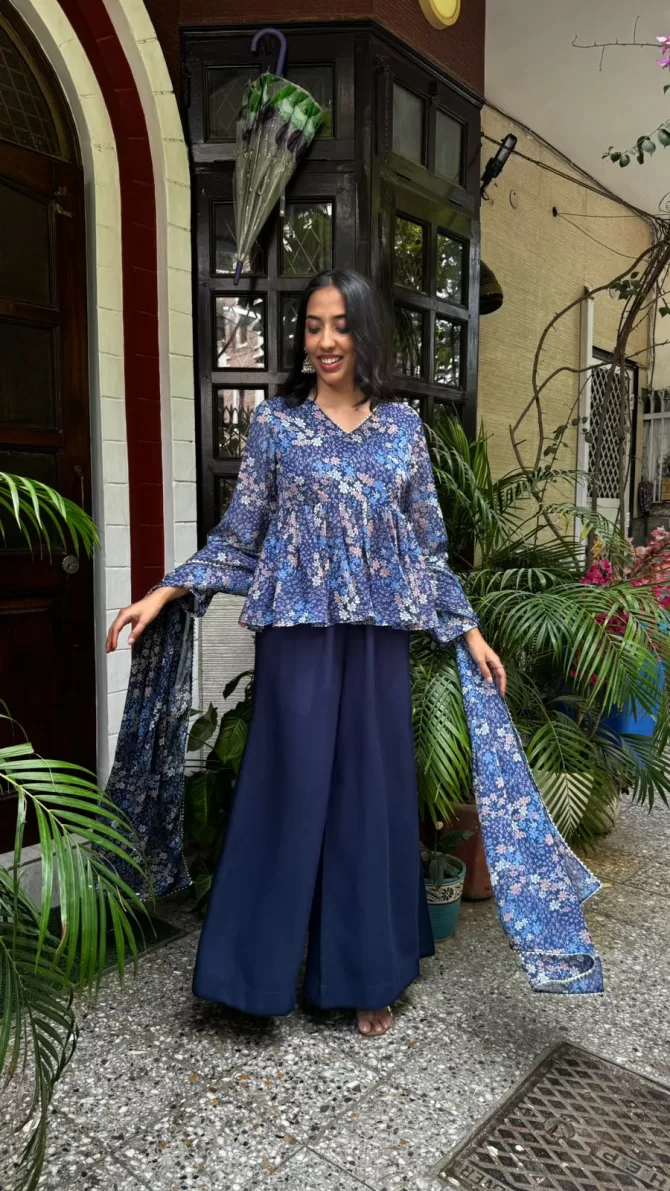 Bagh Peplum Dupatta Set (Super Premium Collection) - Blue
