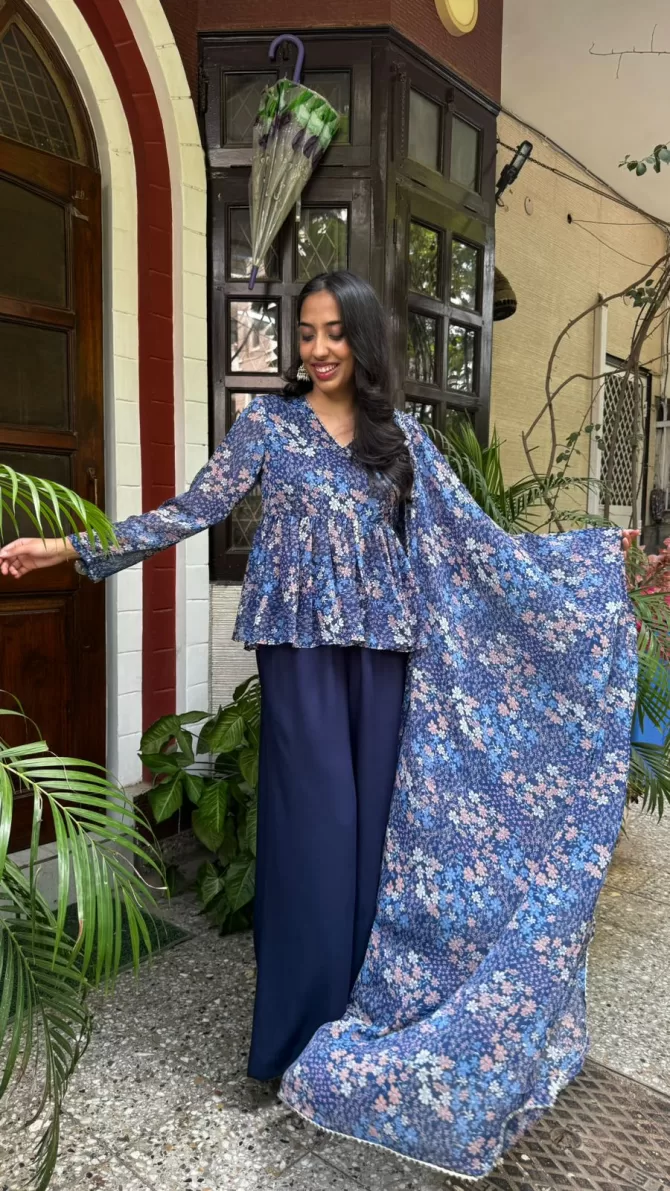 Bagh Peplum Dupatta Set (Super Premium Collection) - Blue