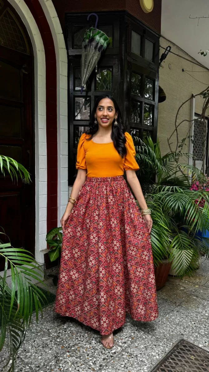 Noor Flared Cotton Skirt - Red Maroon (Premium Collection)