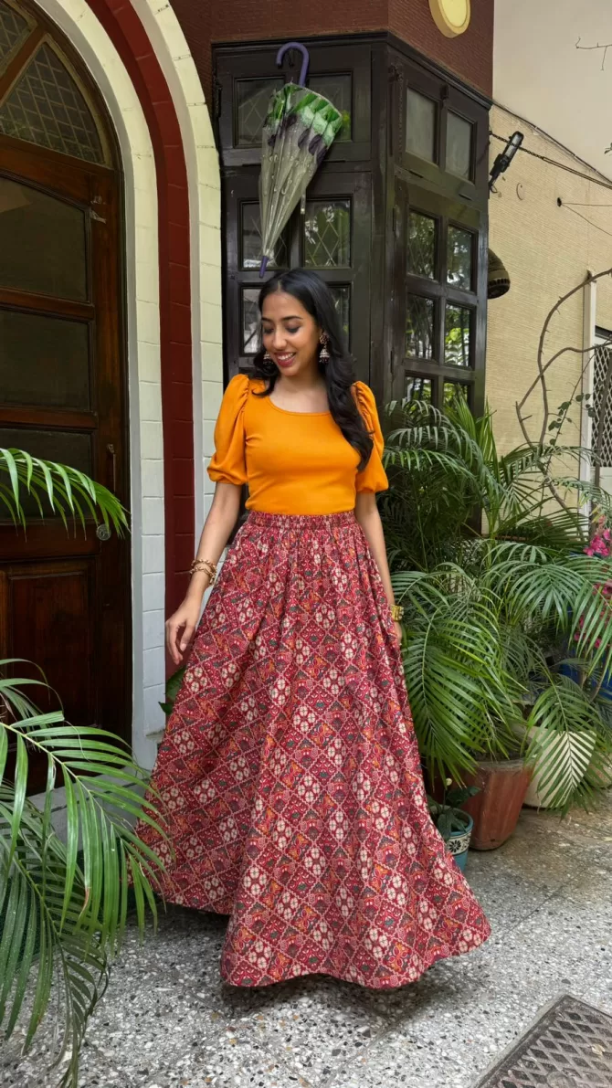 Noor Flared Cotton Skirt - Red Maroon (Premium Collection)