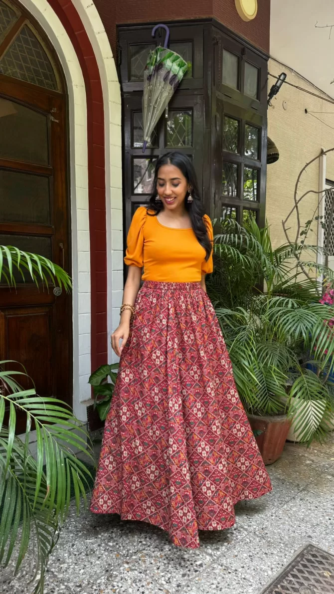 Noor Flared Cotton Skirt - Red Maroon (Premium Collection)