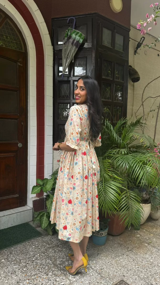 Floral Bloom Pleated Cotton Dress - Light Beige (Premium Collection)