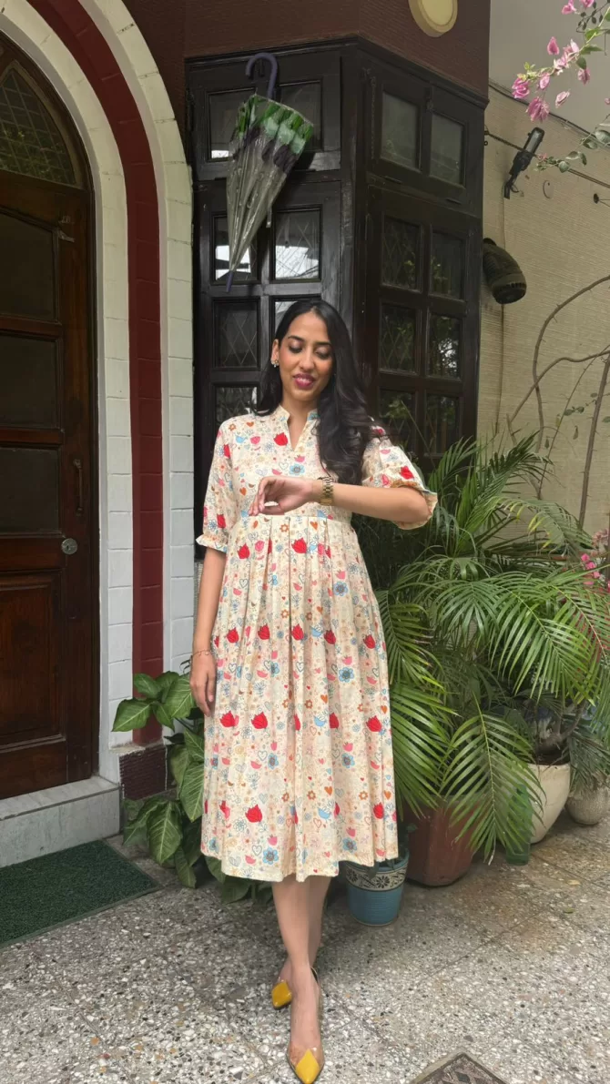 Floral Bloom Pleated Cotton Dress - Light Beige (Premium Collection)
