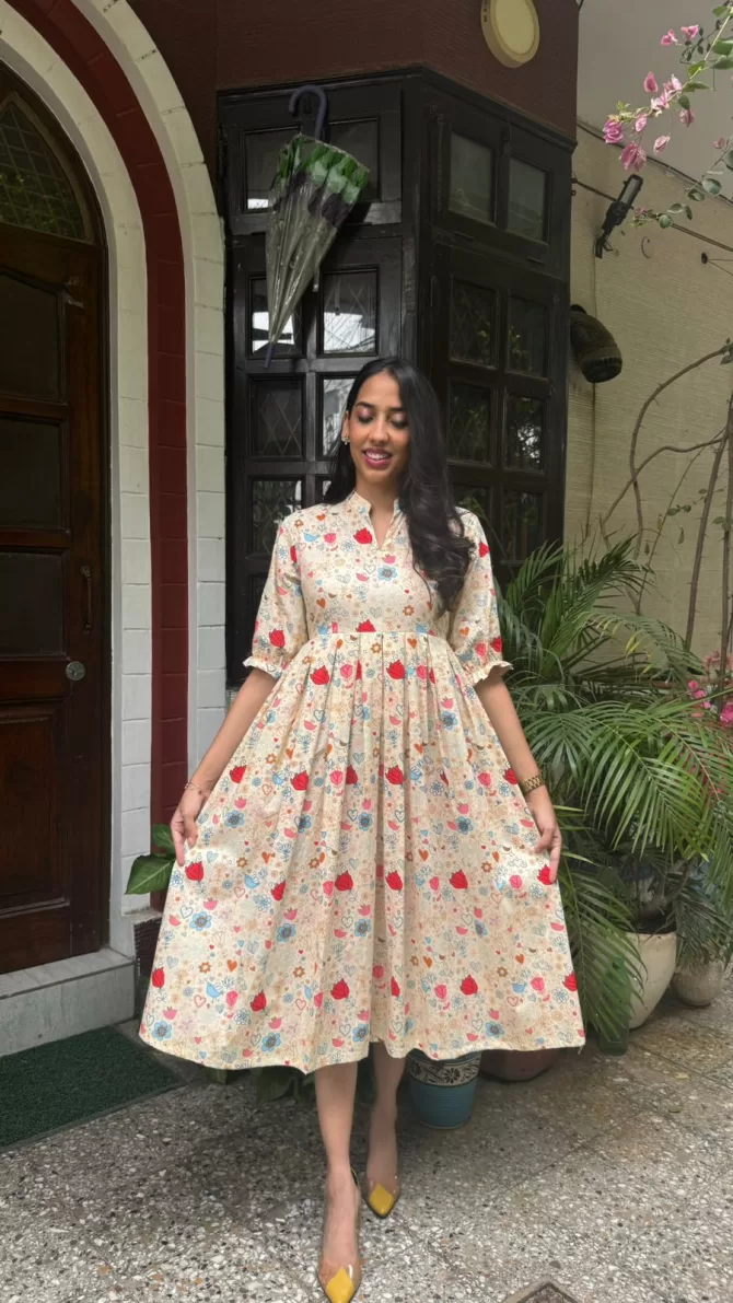 Floral Bloom Pleated Cotton Dress - Light Beige (Premium Collection)