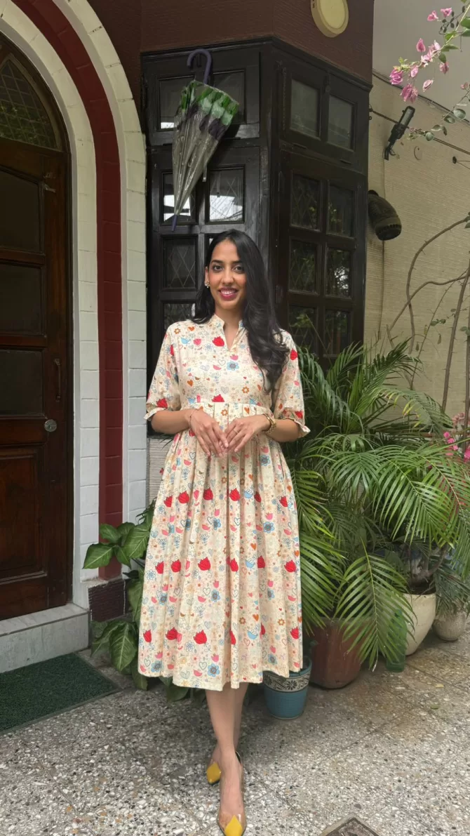 Floral Bloom Pleated Cotton Dress - Light Beige (Premium Collection)
