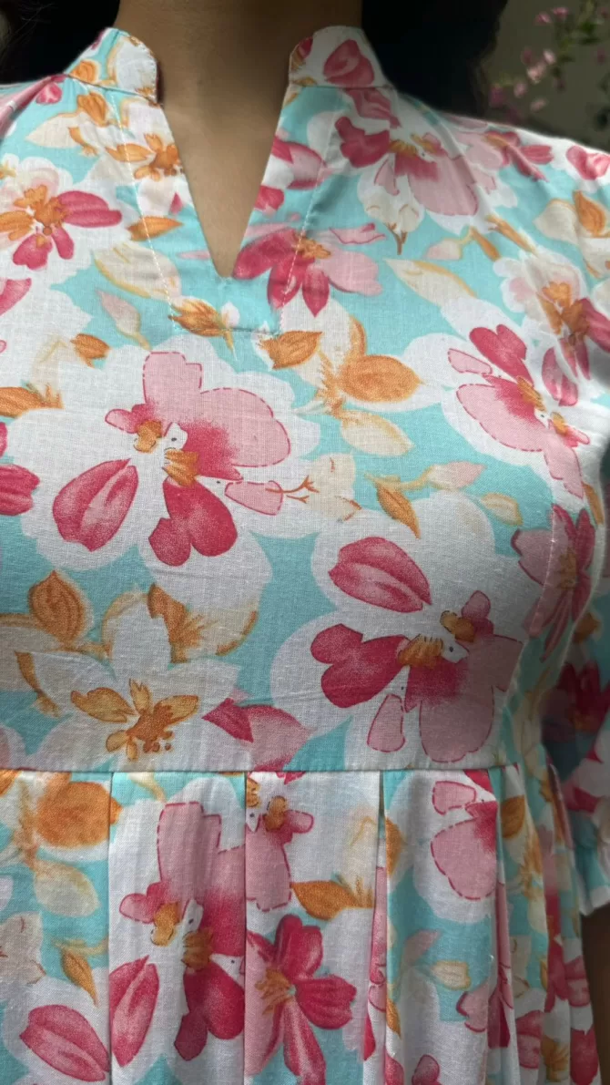 Floral Bloom Pleated Cotton Dress - Light Blue (Premium Collection)