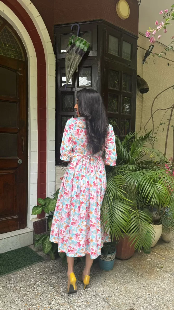 Floral Bloom Pleated Cotton Dress - Light Blue (Premium Collection)