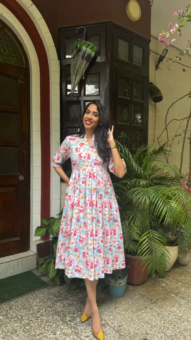 Floral Bloom Pleated Cotton Dress - Light Blue (Premium Collection)
