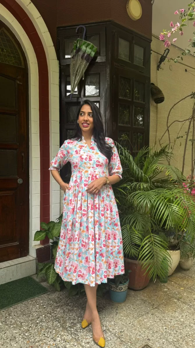 Floral Bloom Pleated Cotton Dress - Light Blue (Premium Collection)