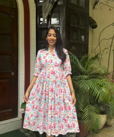 Floral Bloom Pleated Cotton Dress – Light Blue (Premium Collection)