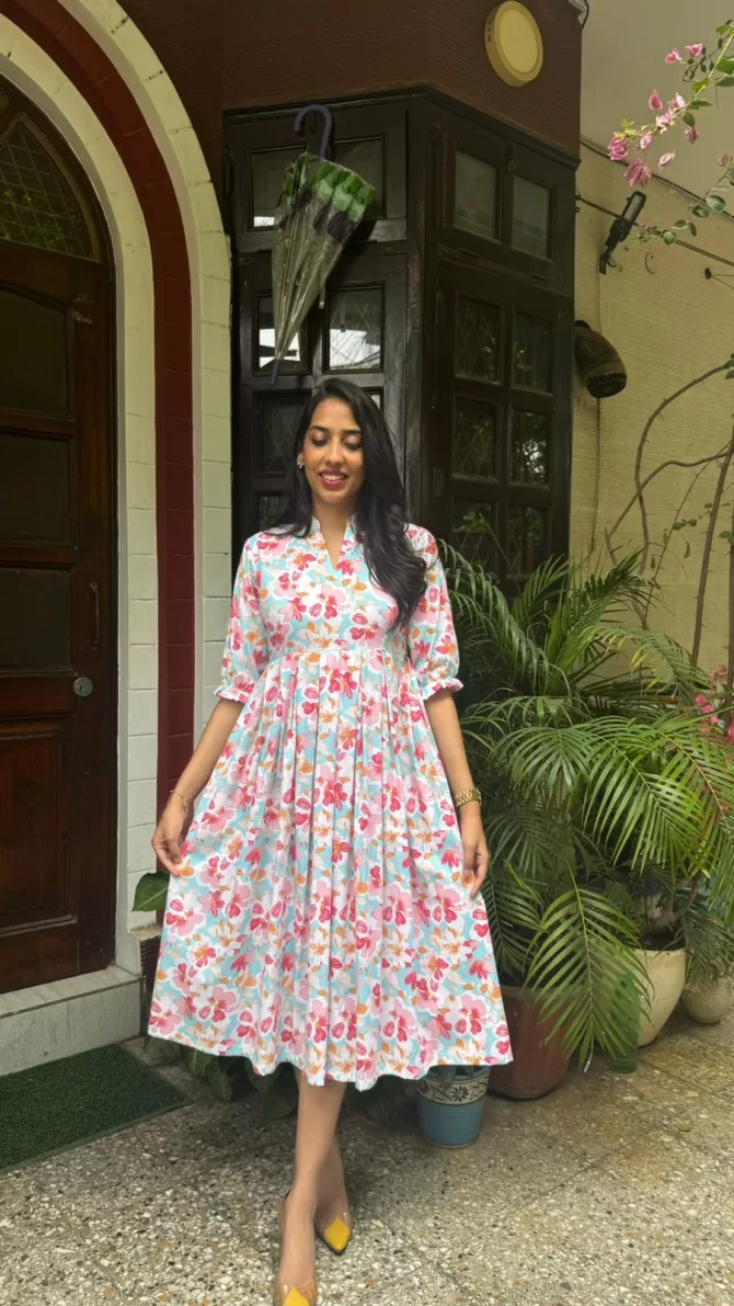Floral Bloom Pleated Cotton Dress - Light Blue (Premium Collection)