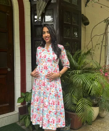 Floral Bloom Pleated Cotton Dress – Light Blue (Premium Collection) 2