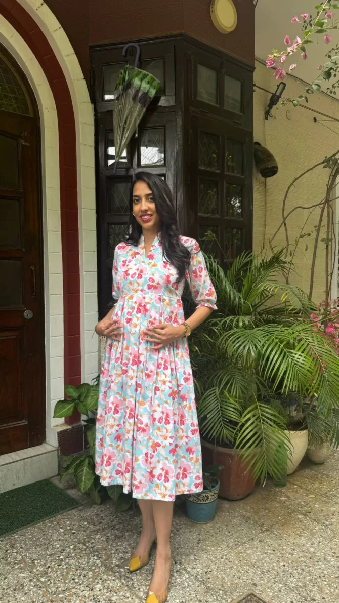 Floral Bloom Pleated Cotton Dress - Light Blue (Premium Collection)