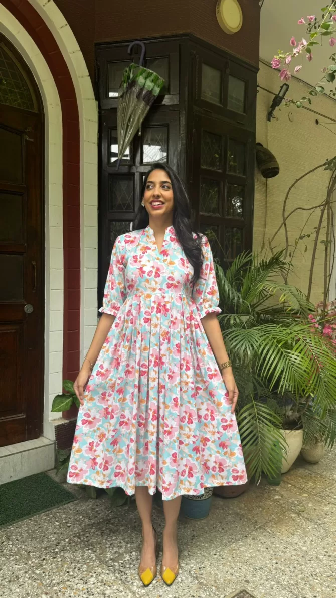 Floral Bloom Pleated Cotton Dress - Light Blue (Premium Collection)