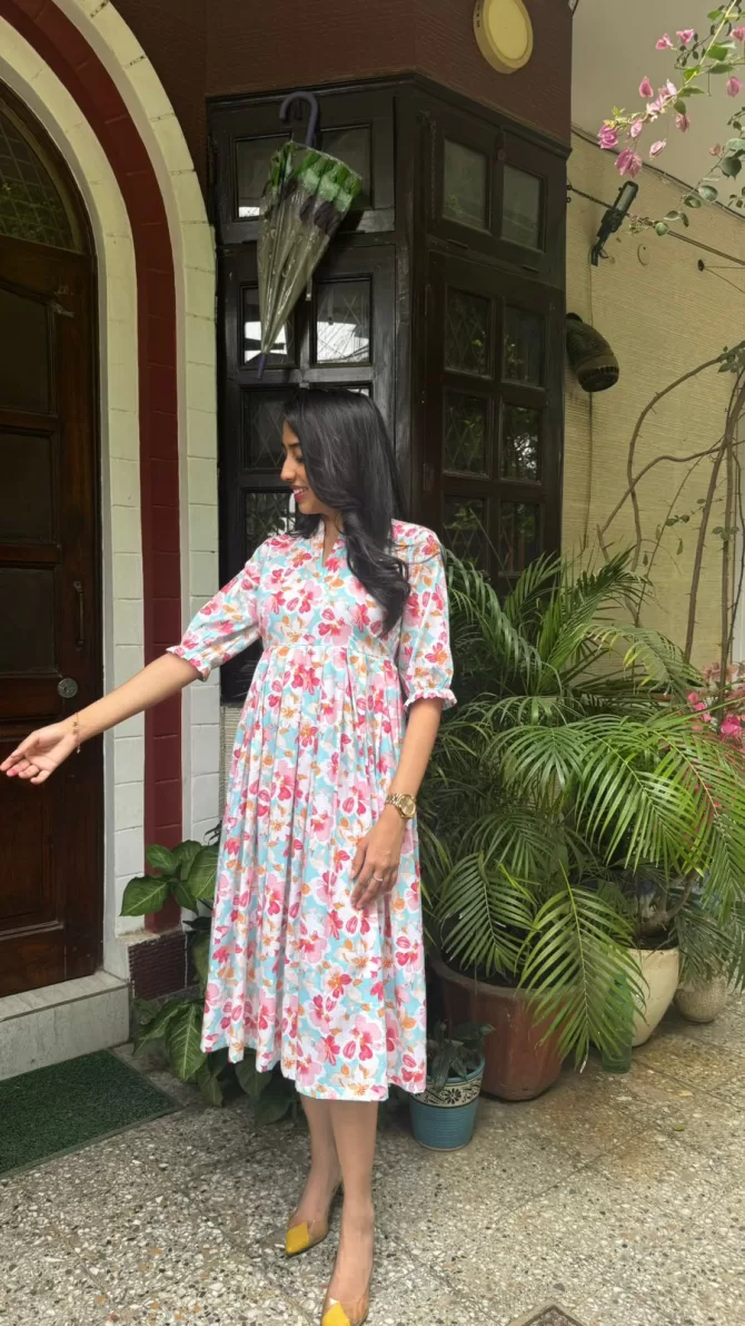 Floral Bloom Pleated Cotton Dress - Light Blue (Premium Collection)