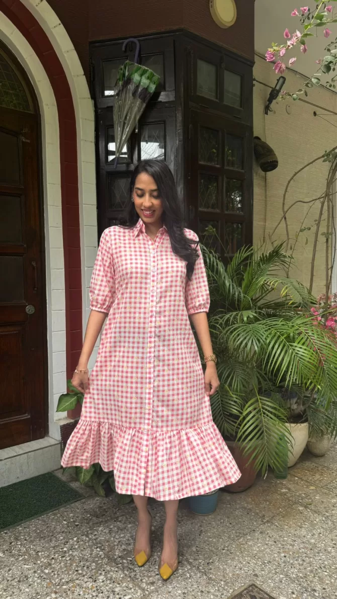 Spring Collared Cotton Dress - Red (Premium Collection)
