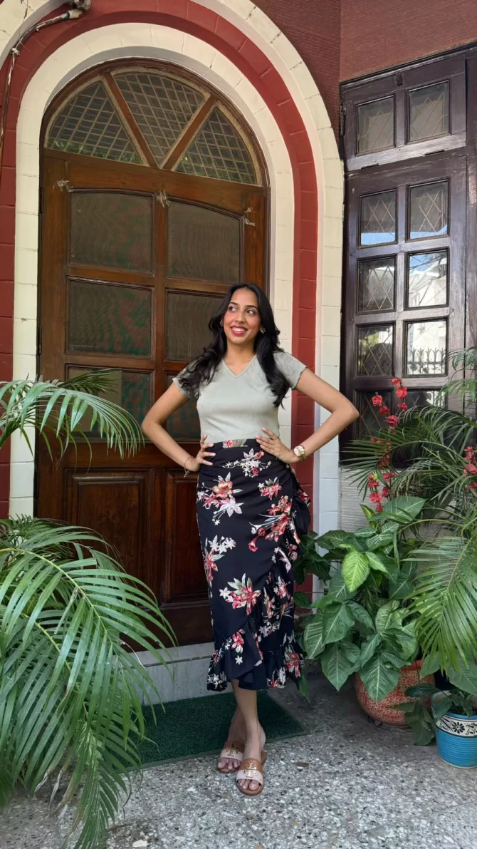 Floral Frill Wrap Skirt (Free Size) - Black