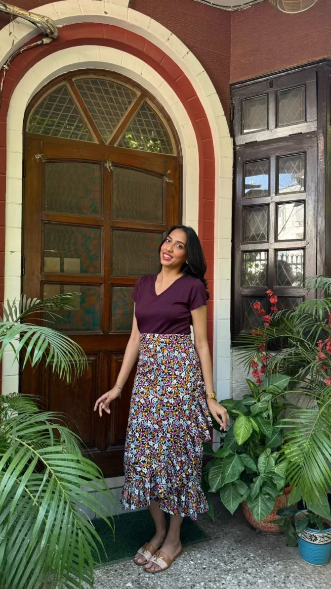 Floral Frill Wrap Skirt (Free Size) - Wine