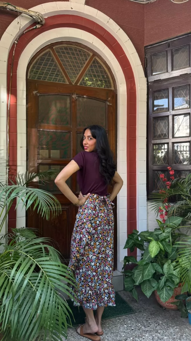 Floral Frill Wrap Skirt (Free Size) - Wine