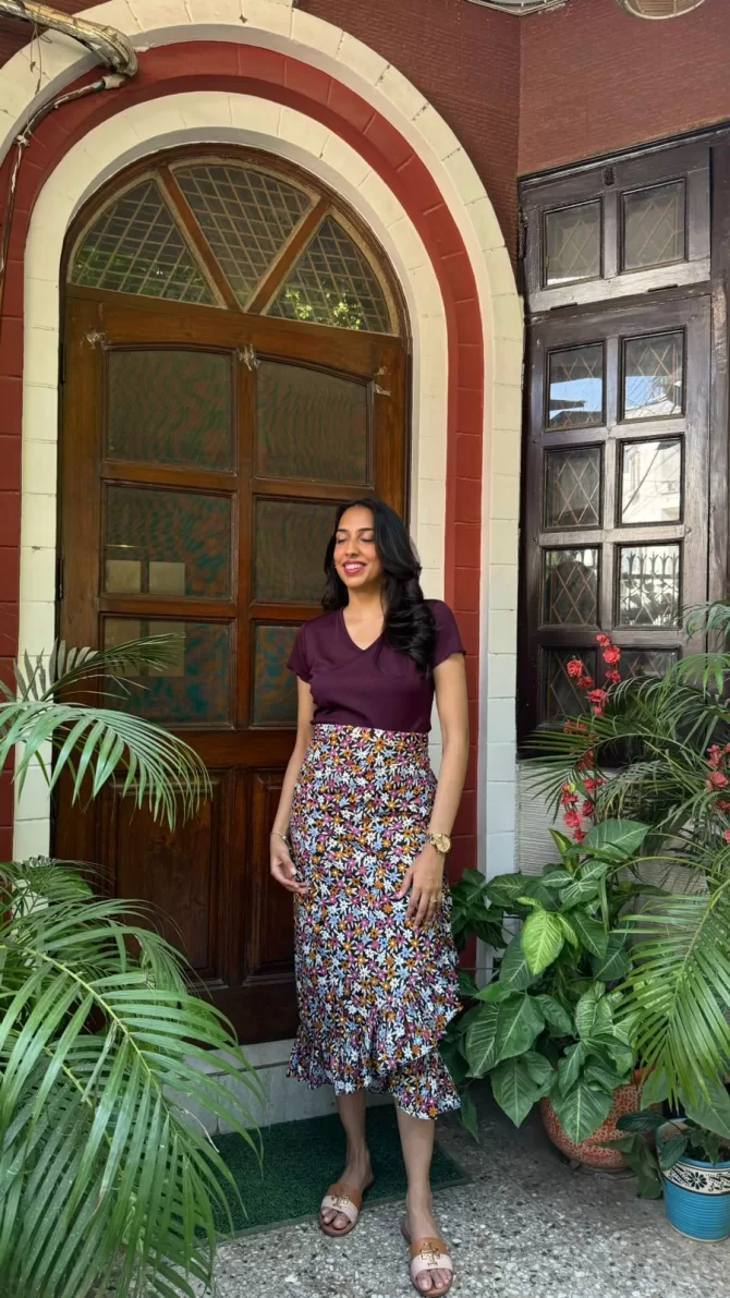 Floral Frill Wrap Skirt (Free Size) - Wine