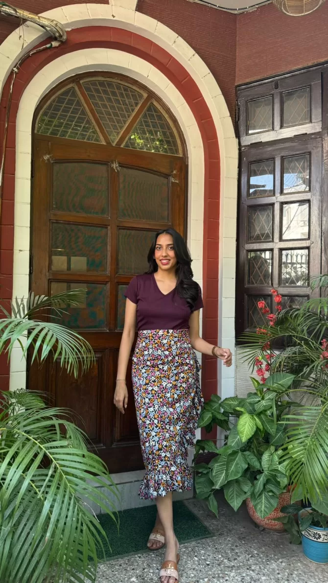 Floral Frill Wrap Skirt (Free Size) - Wine