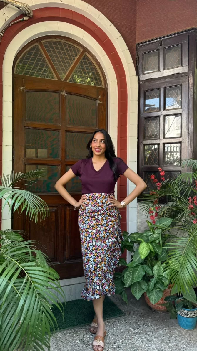 Floral Frill Wrap Skirt (Free Size) - Wine